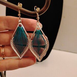 Elegant Teal and Silver Hanging Earrings Fine Art Work Teardrop 2'